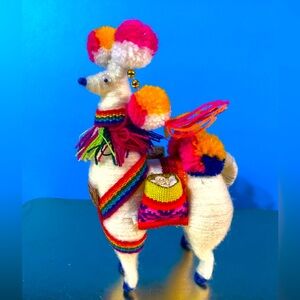 PERUVIAN CUSCO LLAMA HANDMADE  WITH BACKPACK BEAUTIFUL BRIGHT COLORS STANDS 6”